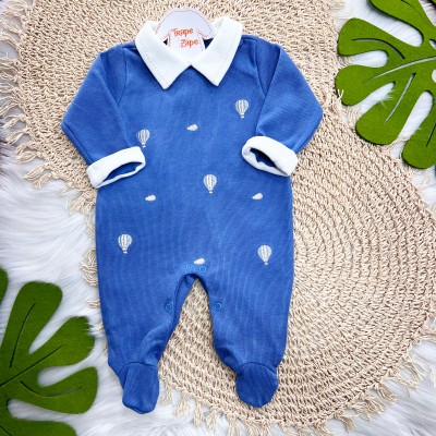  Macacão Tricotil (Tricot 100% Algodão) com Gola e Bordado - Balões - Azul Jeans 